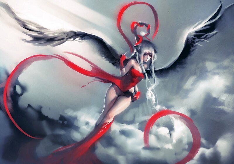 Angelic Figure with Wings — Red, Dramatic, Digital Art, Red Ribbon, Clouds