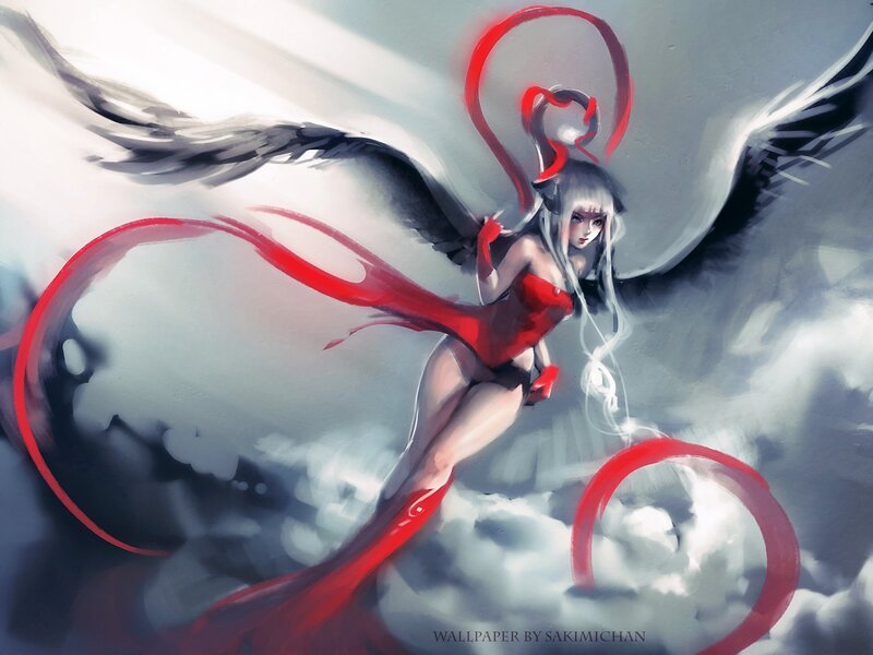 Angelic Figure with Wings — Red, Dramatic, Digital Art, Red Ribbon, Clouds, White