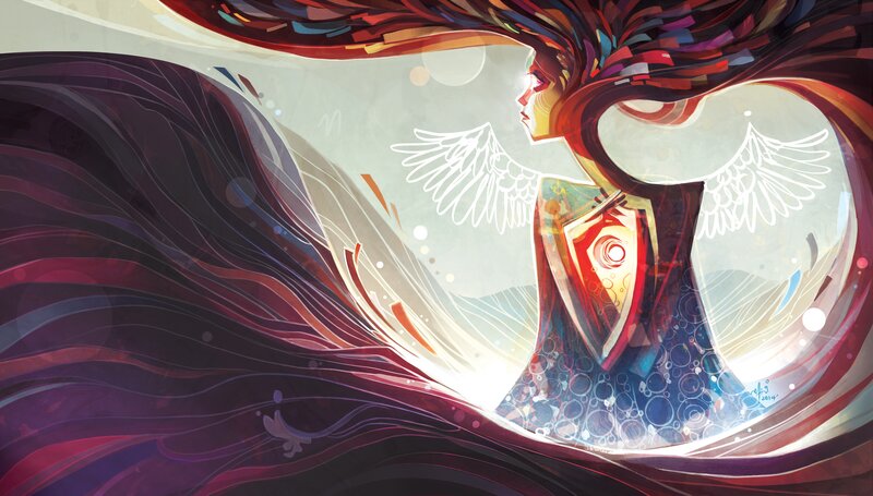 Angelic Figure with Wings — Red, Dramatic, Digital Art, Shield