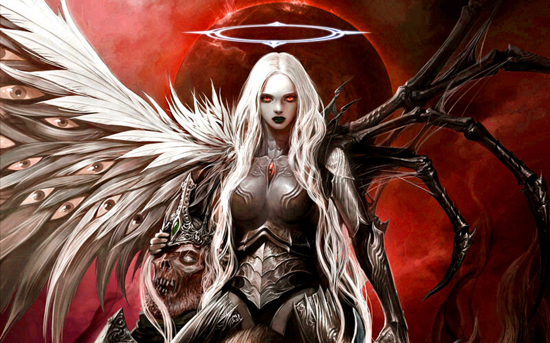 Angelic Figure with Wings — Red, Dramatic, Digital Art, Skull