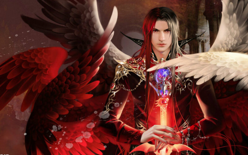 Angelic Figure with Wings — Red, Dramatic, Digital Art, Sword, Armor