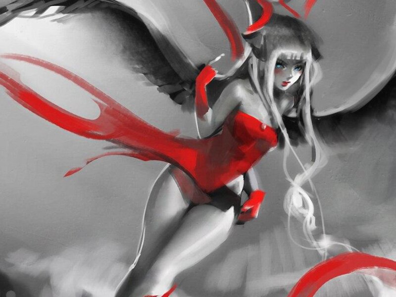 Angelic Figure with Wings — Red, Dramatic, Digital Art