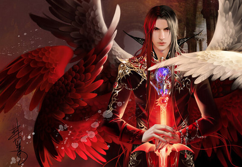 Angelic Figure with Wings — Red, Dramatic