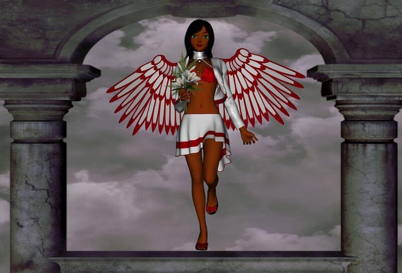 Angelic Figure with Wings — White, Dramatic, 3d Render, Flowers