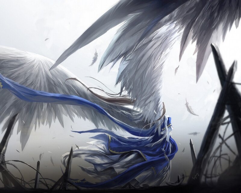 Angelic Figure with Wings — White, Dramatic, Digital Art, Blue Cloth