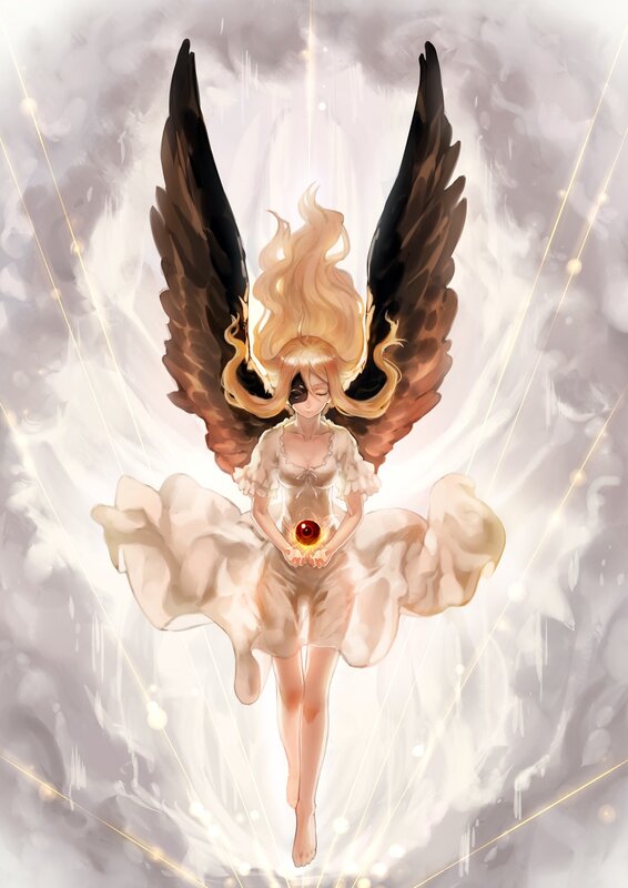 Angelic Figure with Wings — White, Dramatic, Digital Art, Dress, Orb