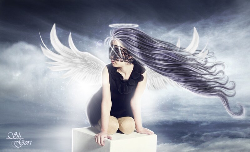 Angelic Figure with Wings — White, Dramatic, Digital Art, Mask