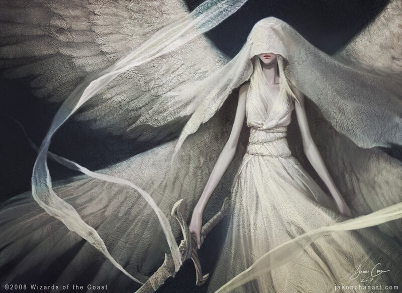 Angelic Figure with Wings — White, Dramatic, Digital Art, Sword, Veil