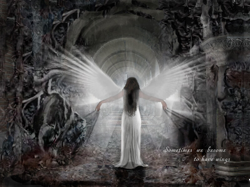 Angelic Figure with Wings — White, Dramatic, Digital Art, Tunnel