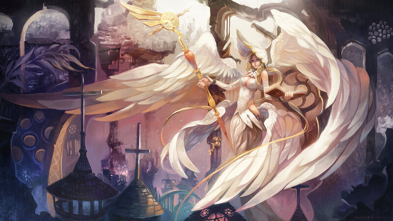 Angelic Figure with Wings — White, Dramatic, Night, Digital Art, Staff