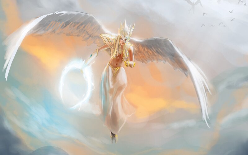 Angelic Figure with Wings — White, Dramatic, Sunset, Digital Art