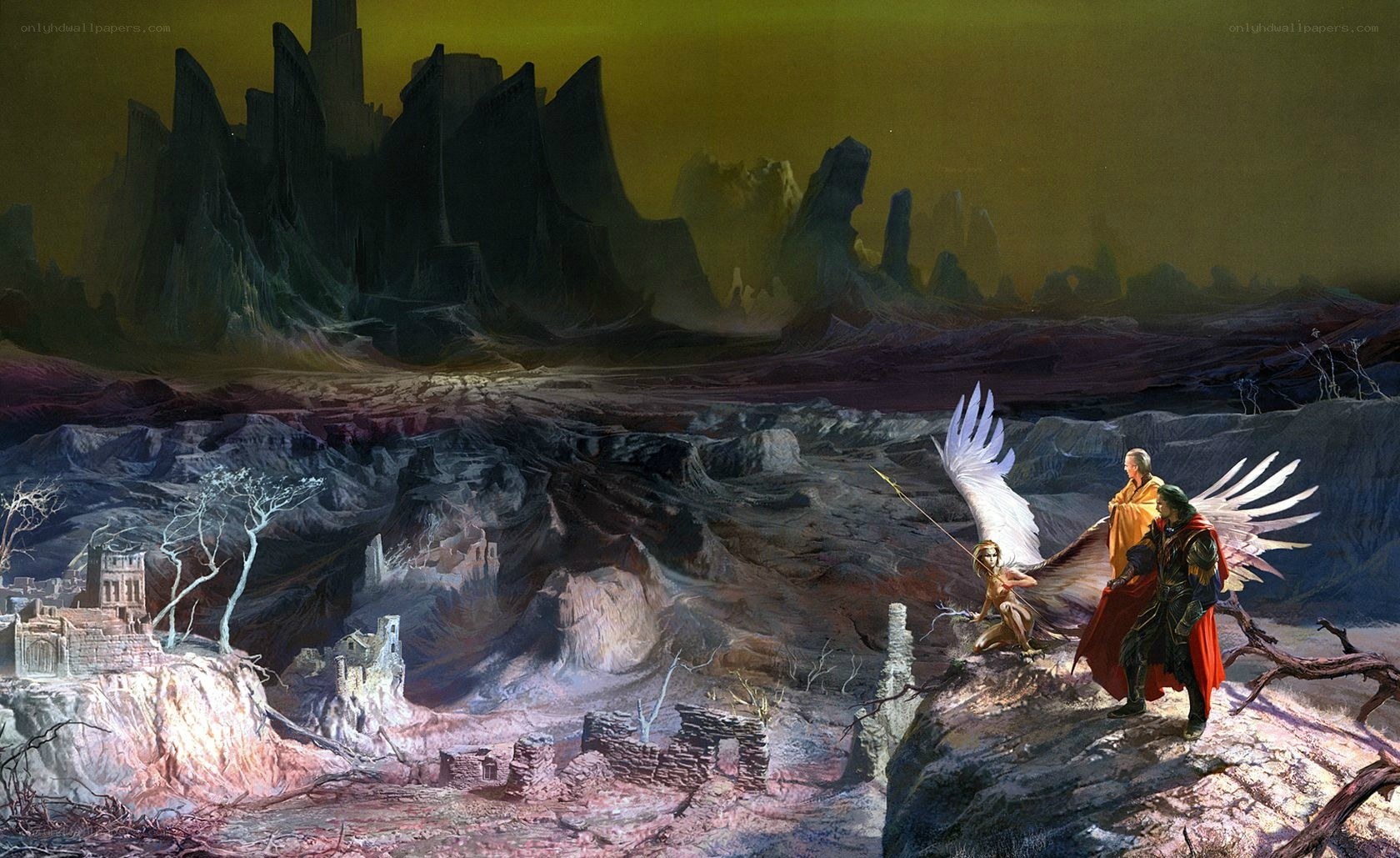 Angelic figures in a desolate landscape