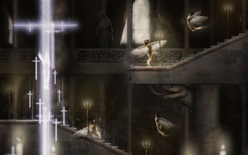 angelic figures in a gothic cathedral