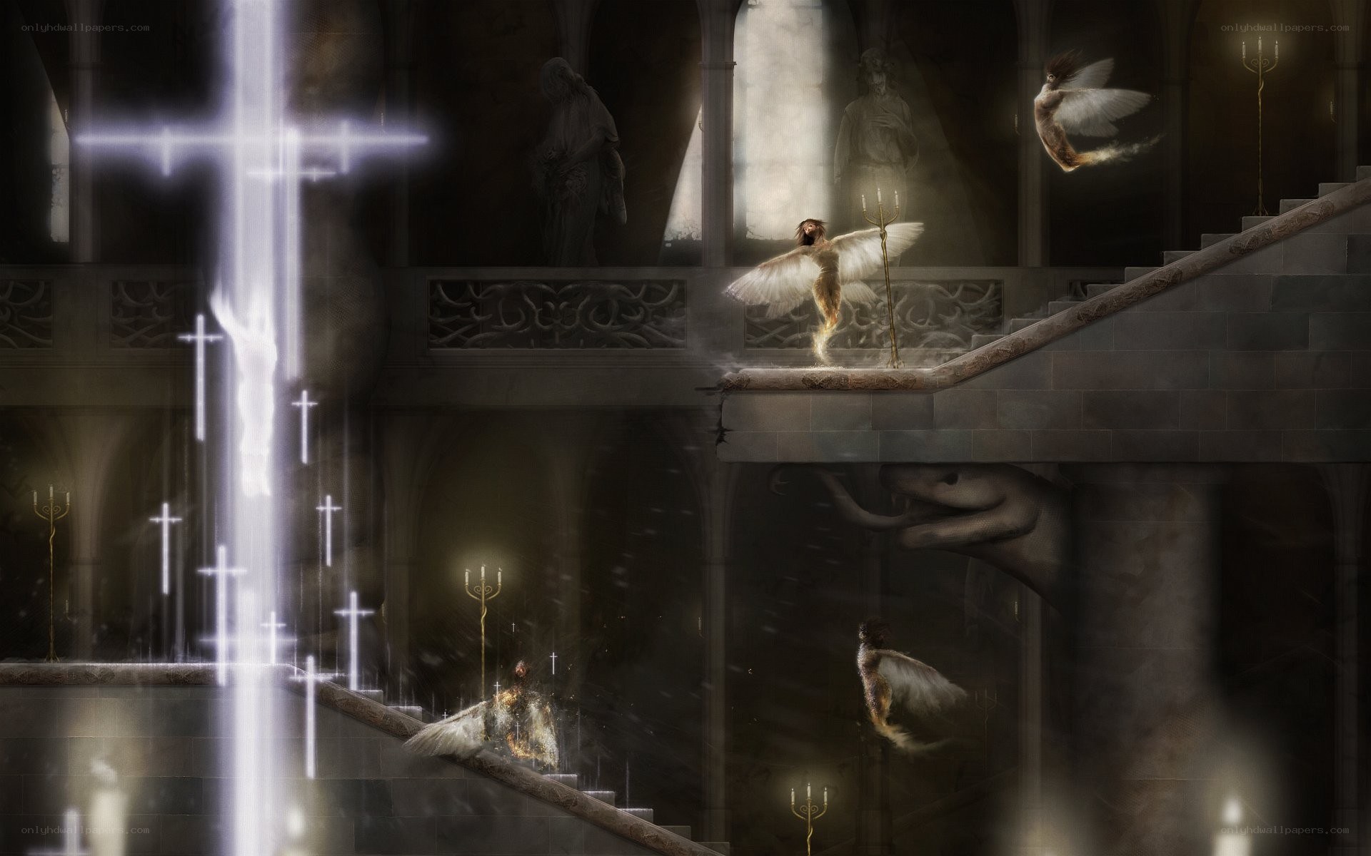 angelic figures in a gothic cathedral