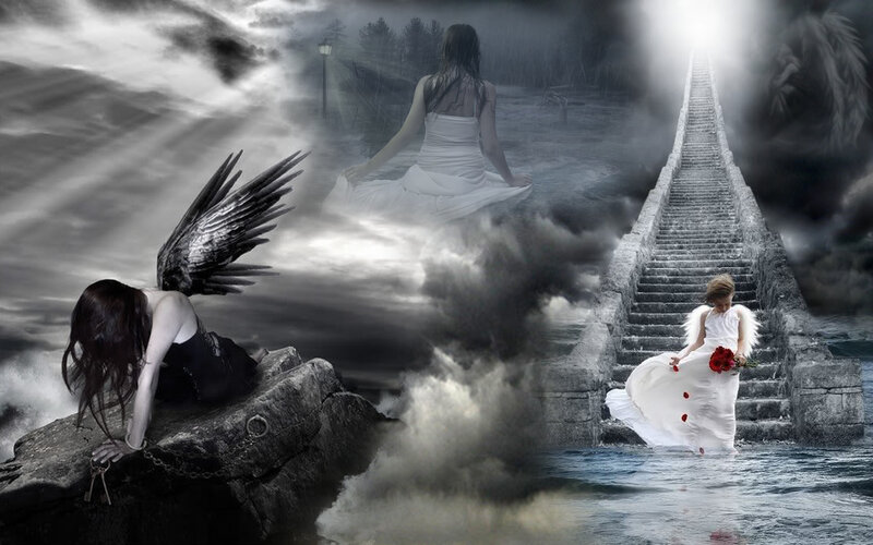 angelic figures in a surreal landscape