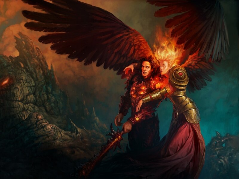 Angelic Figures in Battle — Red, Dramatic
