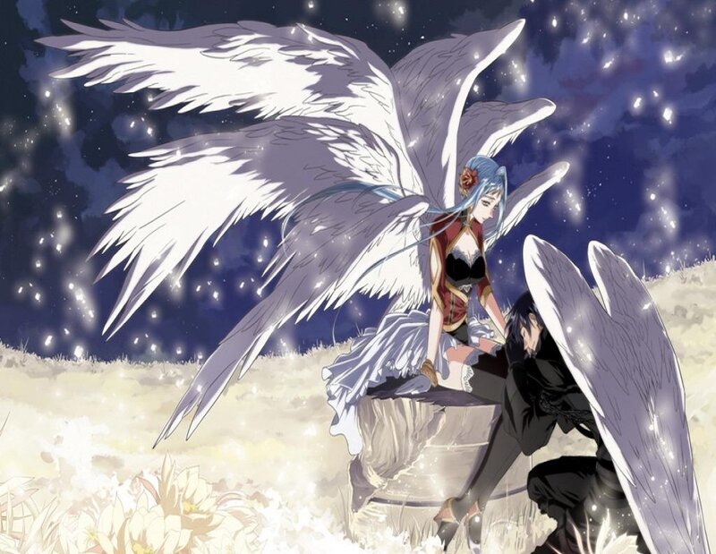 Angelic Figures in Field — White, Dramatic, Night, Anime