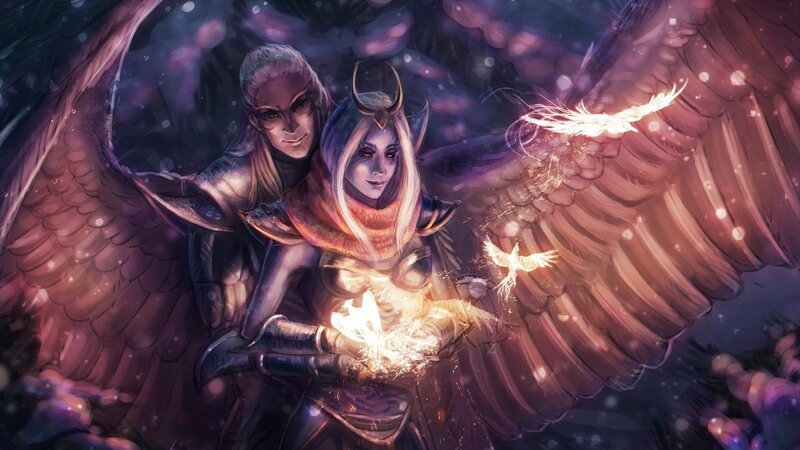 Angelic Figures with Wings — Purple, Dramatic, Night