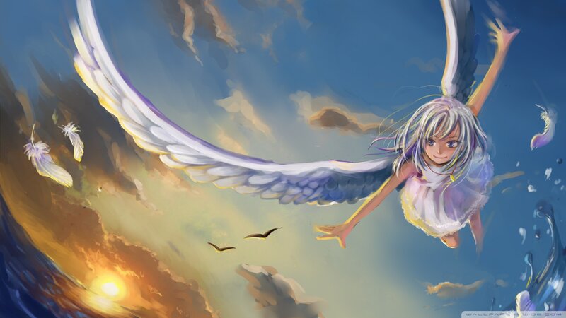Angelic Girl Flying — Blue, Serene, Sunset