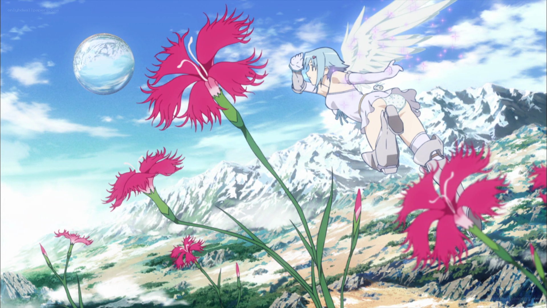 angelic girl flying over mountains