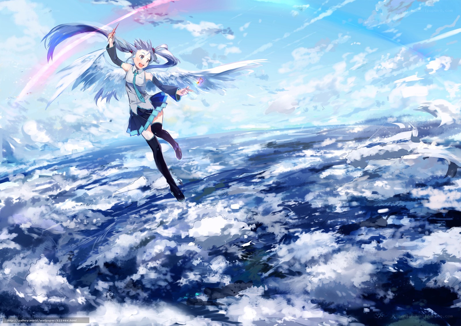 angelic girl flying over ocean