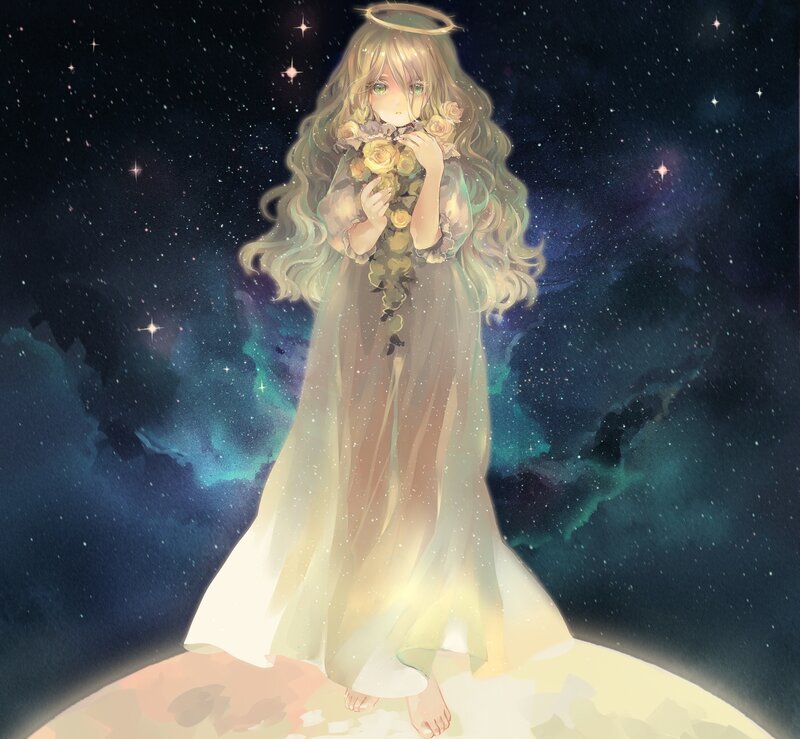 Angelic Girl with Flowers — White, Serene