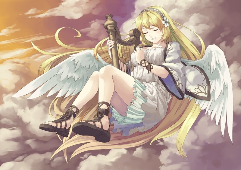 Angelic Girl with Harp — White