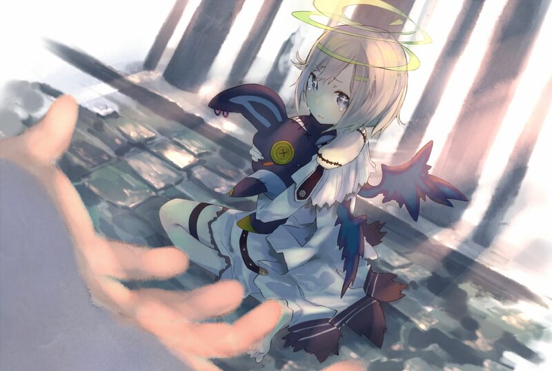 angelic girl with plush toy