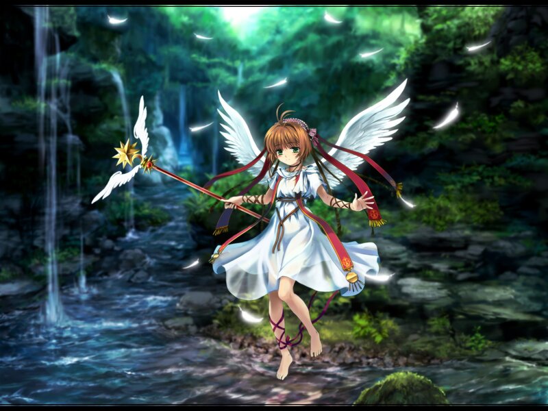 angelic girl with staff in forest