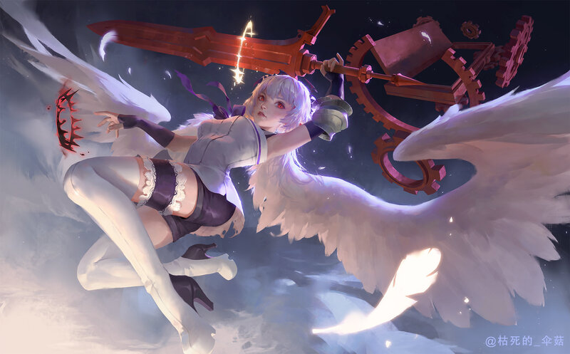 Angelic Girl with Sword — White, Dramatic
