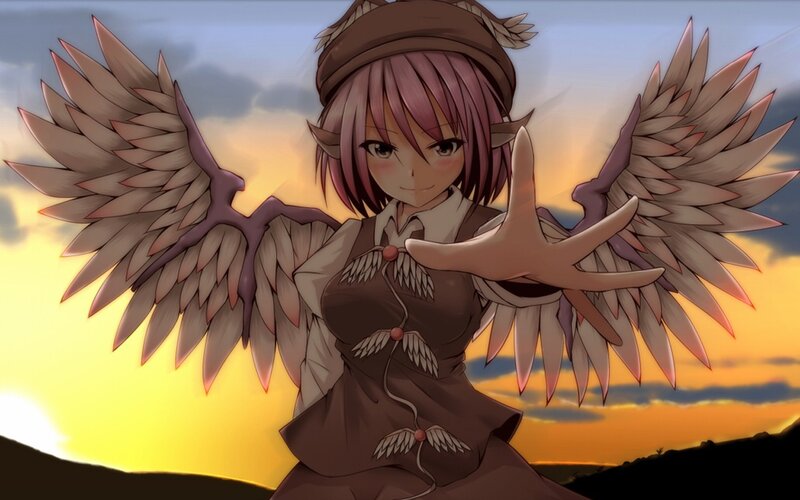 angelic girl with wings at sunset
