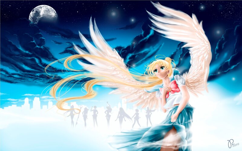 Angelic Girl with Wings — Blue, Dramatic, Night, Digital Art, Moon