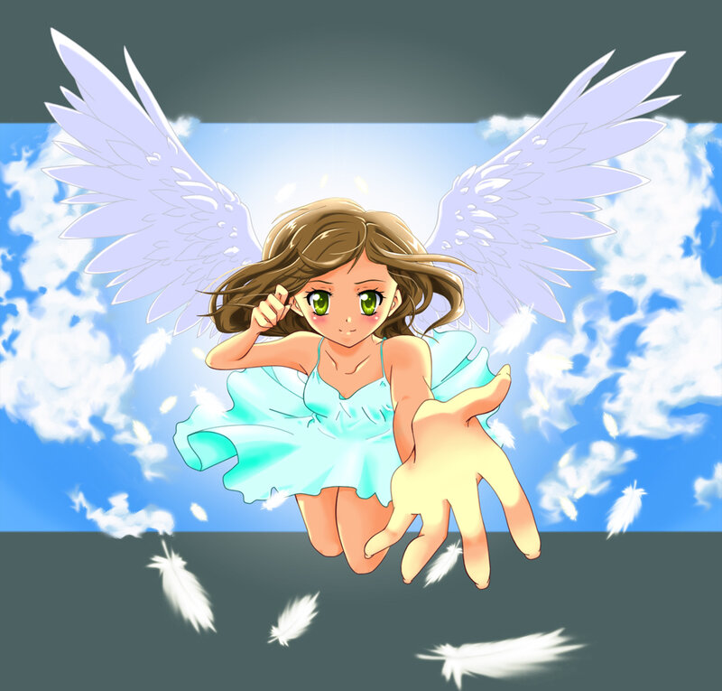 Angelic Girl with Wings — Blue, Serene, Afternoon, Anime, Clouds, Feathers