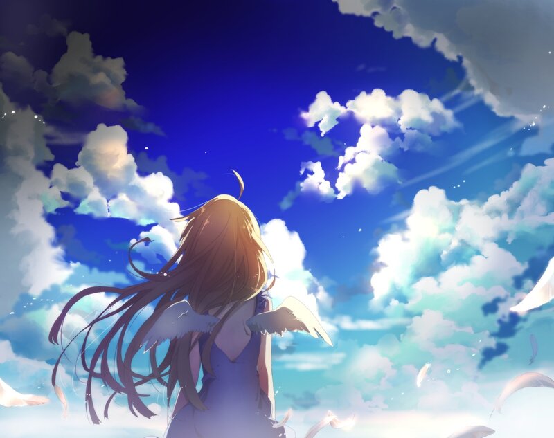 Angelic Girl with Wings — Blue, Serene, Afternoon, Anime, Clouds