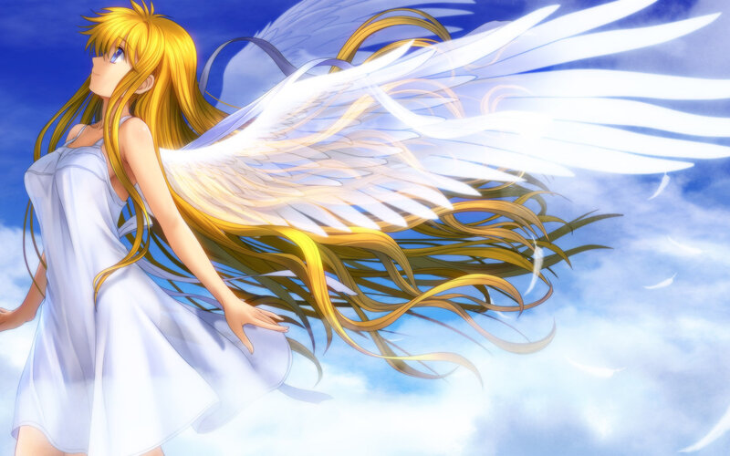 Angelic Girl with Wings — Blue, Serene, Afternoon, Anime, Dress