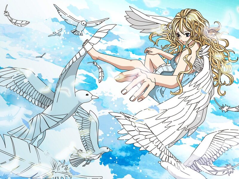 Angelic Girl with Wings — Blue, Serene, Anime, Birds