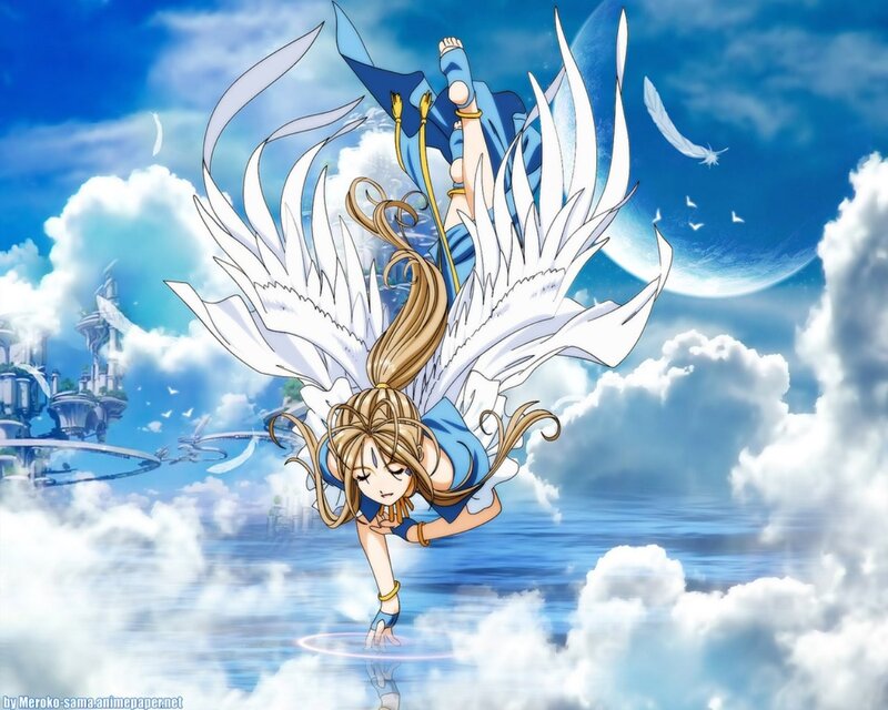 Angelic Girl with Wings — Blue, Serene, Anime, Clouds, Castle
