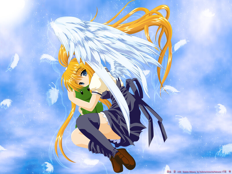 Angelic Girl with Wings — Blue, Serene, Anime, Feathers, Hugging