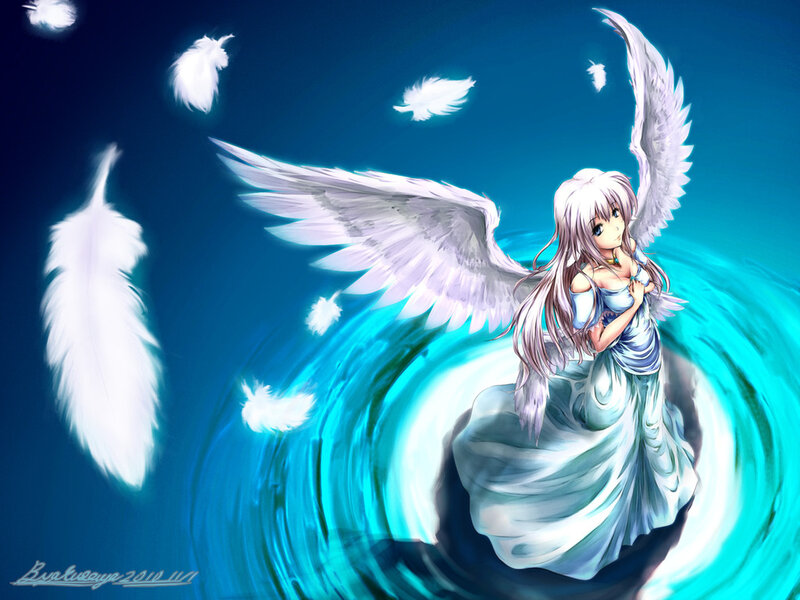 Angelic Girl with Wings — Blue, Serene, Digital Art, Feathers