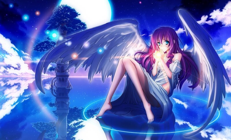 Angelic Girl with Wings — Blue, Serene, Night, Anime, Moon, Clouds
