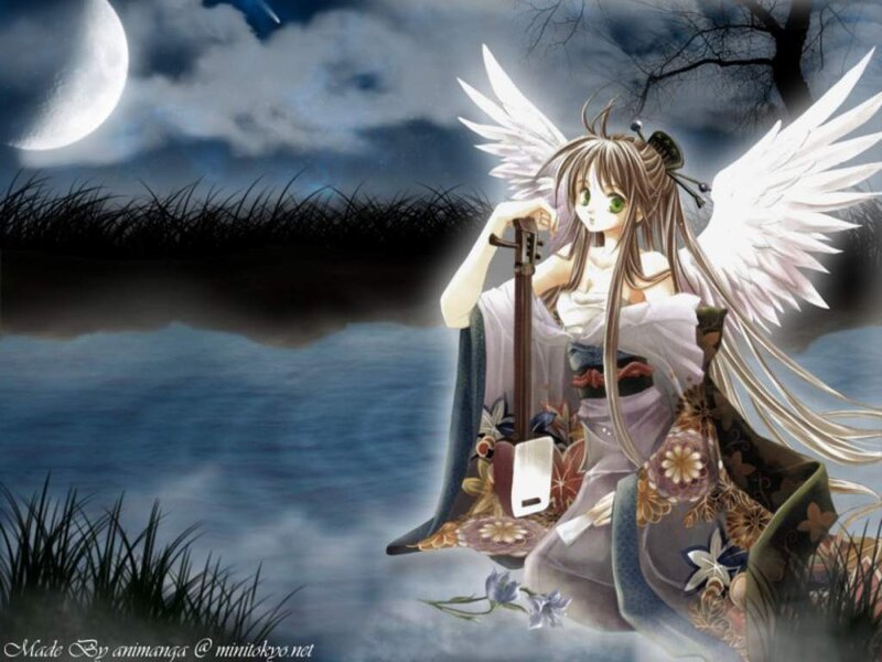 Angelic Girl with Wings — Blue, Serene, Night, Anime, Moon, River, Grass