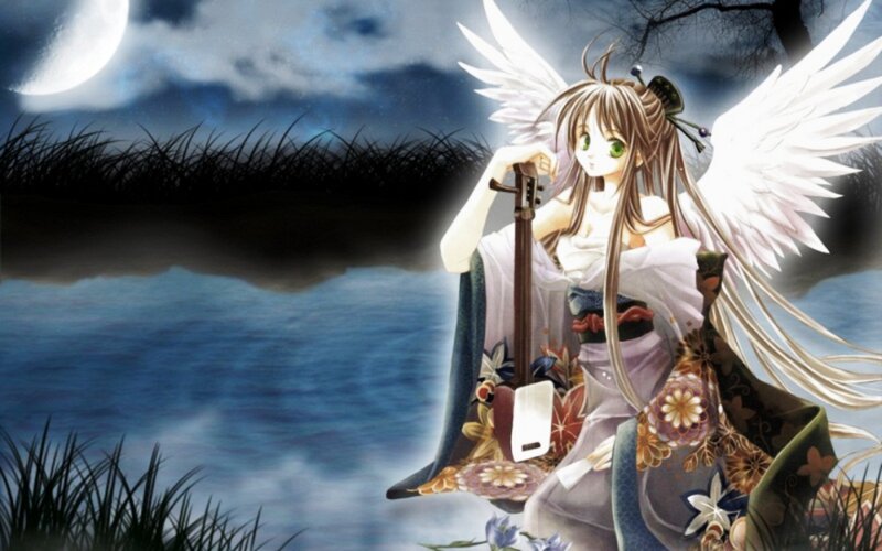 Angelic Girl with Wings — Blue, Serene, Night, Anime, Moon, River