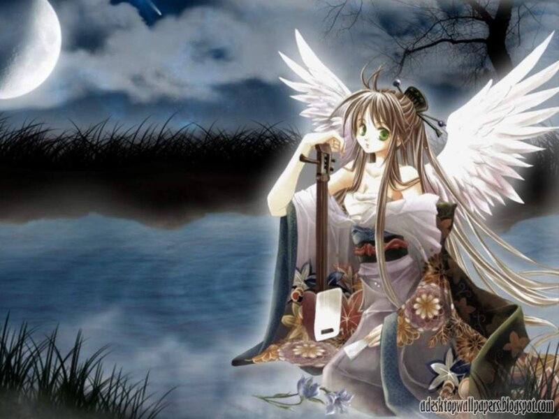 Angelic Girl with Wings — Blue, Serene, Night, Anime, Moon, River, Tree