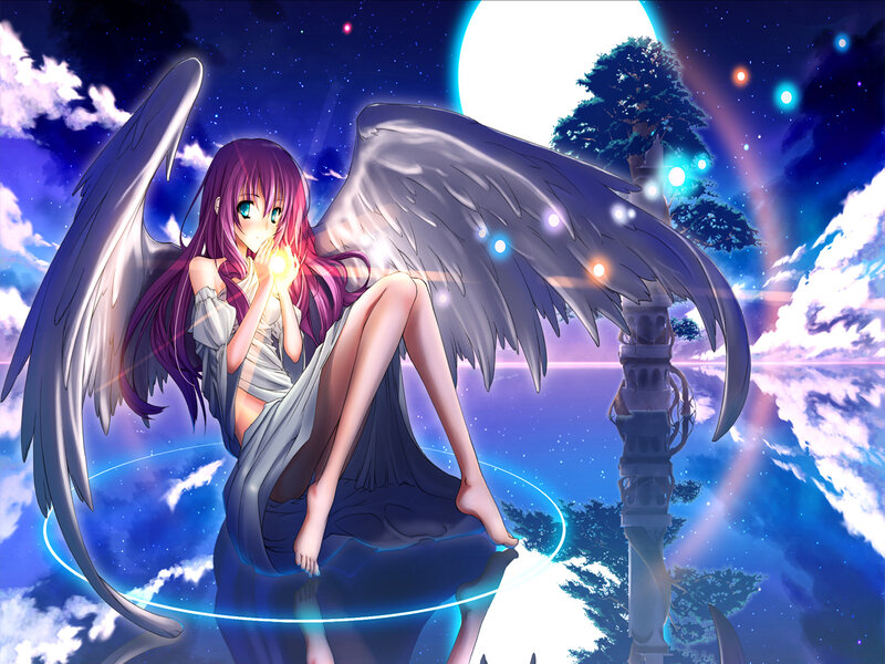 Angelic Girl with Wings — Blue, Serene, Night, Anime, Moon