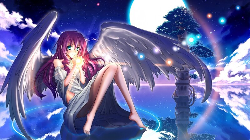 Angelic Girl with Wings — Blue, Serene, Night, Anime, Moon, Tree