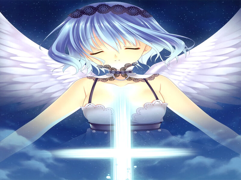 Angelic Girl with Wings — Blue, Serene, Night, Anime