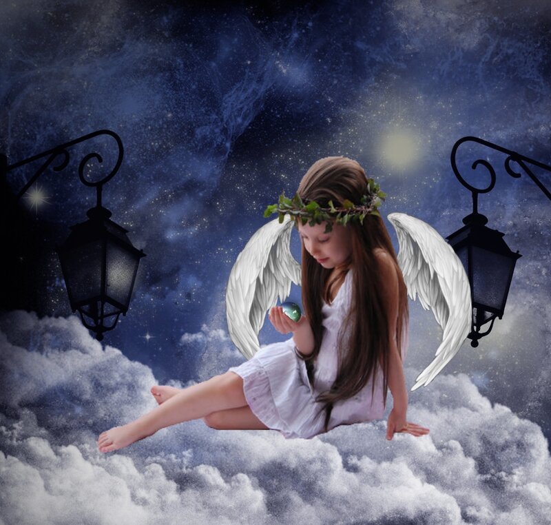 Angelic Girl with Wings — Blue, Serene, Night, Digital Art, Clouds