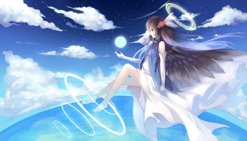 Angelic Girl with Wings — Blue, Serene, Night, Digital Art, Moon, Clouds