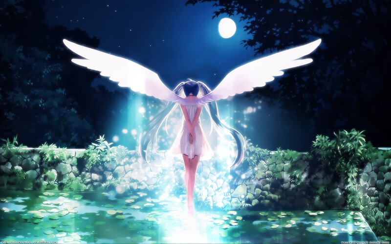 Angelic Girl with Wings — Blue, Serene, Night, Digital Art, Moon