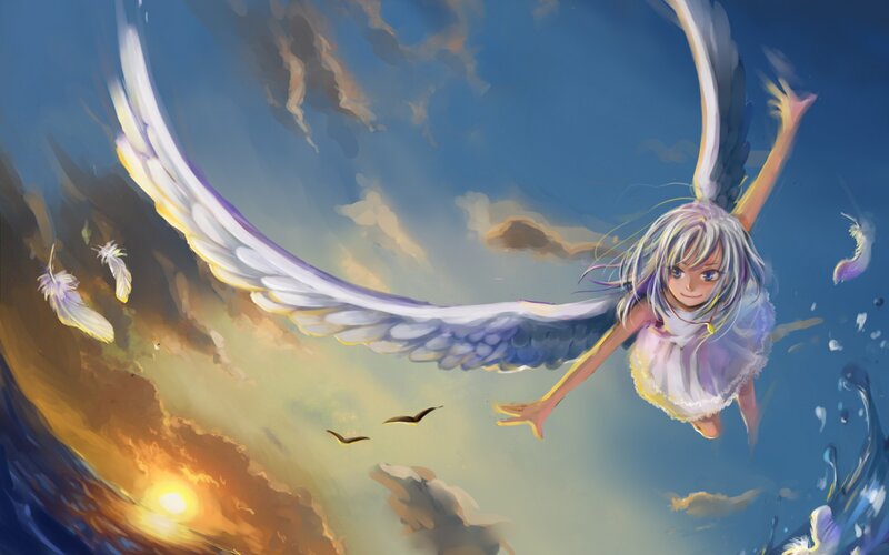 Angelic Girl with Wings — Blue, Serene, Sunset
